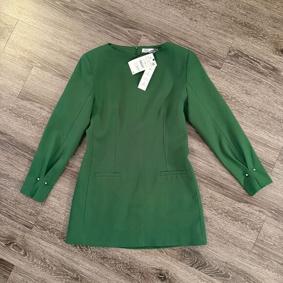 Zara Tailored Long Sleeve Structured Green Dress New - Picture 1 of 8